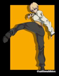 big_ass big_butt black_gloves black_pants blonde_hair blue_eyes bow clothed female gloves king_(snk) king_of_fighters long_sleeves pants short_hair snk