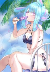 1girls beach bikini blue_hair ice_cream majo_taisen orihime