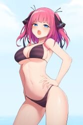 1girls black_bikini blue_eyes blue_sky blush go-toubun_no_hanayome hand_on_own_hip large_breasts nakano_nino navel open_mouth pink_hair upper_teeth waero