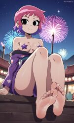 accurate_art_style ai_generated barefoot bigmic145 breasts cleavage clothed clothing feet female female_only festival fireworks foot_fetish netflix nipple_pasties pasties pink_hair purple_legwear ramona_flowers robe scott_pilgrim scott_pilgrim_takes_off star_pasties topless topless_female yukata