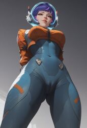 ai_generated arms_behind_back bodysuit cameltoe duchess_eugene helmet jacket juno_(overwatch) low-angle_view overwatch overwatch_2 purple_hair skin_tight space space_helmet spacesuit