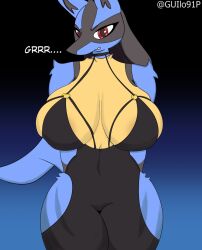 angry anthro anthro_only big_breasts blue_fur breasts canine clothing female furry furry_only guilo91p legwear lucario mammal nintendo pokemon pokemon_(species) red_eyes slim solo thigh_highs wide_hips