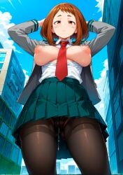 2024 ai_generated arms_behind_head bare_breasts big_thighs blush boku_no_hero_academia brown_eyes brown_hair classroom desk hand_on_breast hard_nipples hi_res highres lifted_shirt looking_at_viewer my_hero_academia ochako_uraraka puffy_areola sagging_breasts school school_uniform self_upload sitting sitting_on_desk spread_legs tagme unbuttoned_shirt uraraka_ochako