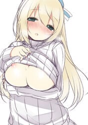 atago_(kantai_collection) blonde_hair blush breasts female green_eyes kantai_collection large_breasts long_hair looking_at_viewer nekoume nipples personification ribbed_sweater sweater