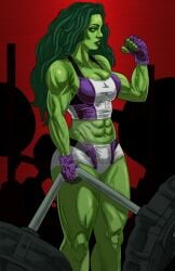 1girl 1girls abs big_breasts cleavage clothing colored_skin exercise female female_only fingerless_gloves gloves green-skinned_female green_body green_eyes green_hair green_skin hulk_(series) long_hair marvel marvel_comics maxmax123 midriff muscle muscular muscular_female obliques purple_gloves she-hulk shorts solo sports_bra sports_shorts superheroine vein watermark weapon weights