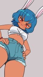 2020s 2024 animated animated ass ass_focus blue_hair booty_shorts bunny_ears bunny_girl bunny_tail cameltoe crop_top female hands_on_hips harriet_(bunnyharriet) pouting pussy_bulge red_eyes ripped_clothing ripped_shorts simple_background sitting_on_viewer solo sunsetniva tanned_female tattoo tattoo_on_butt worms-eye_view wristband