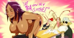 accidental_pervert bleach blonde_hair blood breasts dark-skinned_female dark_skin fat_breasts female_pervert flat_belly gairon kisuke_urahara large_breasts nosebleed purple_hair red_hair renji_abarai shihouin_yoruichi tongue undressing yellow_eyes