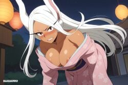 1girls ai_generated bent_over blesseddo blush boku_no_hero_academia breasts bunny_ears cleavage dark-skinned_female ebony female japanese_clothes kimono long_hair looking_at_viewer miruko my_hero_academia no_bra red_eyes rumi_usagiyama solo white_hair