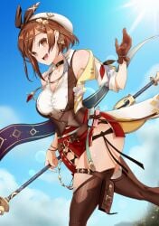 1girls atelier_(series) atelier_ryza brown_eyes brown_hair cleavage fiercest_bard happy hat looking_at_viewer medium_breasts outdoors reisalin_stout thick_thighs thighs