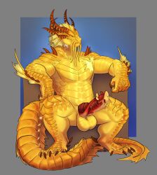 5_fingers absurd_res anthro balls dragon erection fingers genitals hi_res horn knot male muscular muscular_anthro muscular_male mythological_creature mythological_scalie mythology penis scalie simple_background solo tail tamarand unknown_artist urethra