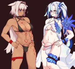 2futas animal_ears balls balls_in_panties big_breasts big_penis bikini breasts brynhildr_(fate) caenis_(fate) chocolate_and_vanilla clothed clothing dark-skinned_futanari dark_skin duo erection fate/grand_order fate_(series) futanari huge_cock human humanoid humanoid_penis kemonomimi light-skinned_futanari light_skin mostly_nude panties penis penis_size_difference smooth_penis standing swimsuit todding