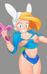 adventure_time animal_ears areola backpack bellend blonde_hair blue_eyes breasts bunny_ears bunny_hood bunnygirl busty cleavage fionna_the_human_girl happy hat human large_breasts midriff nipples panties pink_sword skirt skirt_lift smile straight_hair sword thick_thighs torn_clothes torn_clothing voluptuous weapon