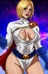 bangs belt blonde_hair blue_eyes blue_gloves breasts breasts_apart cape cleavage cleavage_cutout clenched_hand clothing clothing_cutout dc dc_comics female female_only gloves highleg highleg_leotard justice_league justice_society_of_america kara_zor-el karen_starr kryptonian large_breasts leotard lips looking_at_viewer maxmax123 power_girl red_cape short_hair sky solo star_(sky) starry_sky supergirl superhero superheroine superman_(series) thick_thighs thighs turtleneck white_leotard wide_hips