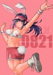 abs animal_ears ass big_ass big_breasts big_butt blue_eyes blue_hair blush bunny_costume bunny_ears bunny_tail cute cute_face female hand_up hat human king_of_fighters kuributon leona_heidern light_skin long_hair looking_at_viewer looking_back pink_background pink_hat pink_shorts shoes shoes_on shorts tail thick_legs thick_thighs watermark white_bra white_skin