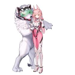 animal_ears bodysuit bunny_ears bunny_tail collaboration full_body game_cg goddess_of_victory:_nikke high_heels huge_breasts large_breasts legs leona_(nikke) leona_(zookeeper)_(nikke) lion long_hair long_legs official_art pink_hair plugsuit skin_tight tail taller_girl thick_thighs thighs tight_clothing timi_(nikke) transparent_background yellow_eyes