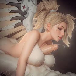 1boy 1girls ai_generated blonde_hair blue_eyes boobjob from_side handsfree_paizuri large_breasts looking_at_another mercy overwatch paizuri tagme xxnikichenxx