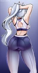 1girls adjusting_hair alternate_version_available ass back back_view backboob big_ass blue_pants bottomwear female female_only hair headwear huge_ass legs morbite pants ponytail rwby solo solo_female sports_bra sports_uniform sportswear sweat sweatdrop thighs topwear weiss_schnee white_hair