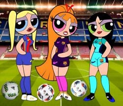 artstyle_imitation black_hair blonde_hair blossom_(powerpuff_girls) blue_eyes bubbles_(powerpuff_girls) buttercup_(powerpuff_girls) fc_barcelona football football_uniform green_eyes orange_hair pink_eyes powerpuff_girls