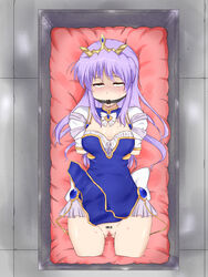 amputee ball_gag barcode barcode_tattoo bondage box breasts feena_fam_earthlight female gag green_eyes in_container long_hair lying on_back pokaan_(aserazu_netamazu) purple_hair pussy quadruple_amputee solo tattoo tiara uncensored yoake_mae_yori_ruri_iro_na