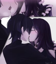 1boy 1girls byyou_all closed_eyes dark_hair female french_kiss genshin_impact hand_in_hair kissing making_out male male/female male_with_painted_nails mona_(genshin_impact) romantic scaramouche_(genshin_impact) straight tongue_kiss