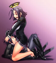 1futa 1girls boots chiba_toshirou cum cum_in_mouth eye_patch fellatio female futa_on_female futa_with_female futanari hand_on_head headgear incest intersex irrumatio kantai_collection knee_boots mechanical_halo multiple_girls open_mouth oral penis personification purple_eyes purple_hair school_uniform short_hair siblings sisters sweat tatsuta_(kantai_collection) tears tenryuu_(kantai_collection) thighhighs trembling yellow_eyes