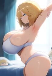 ai_generated ameanon armpits ass big_ass big_breasts blonde_hair blue_eyes bra breasts cleavage hololive hololive_english hololive_myth huge_breasts lace lace-trimmed_bra lace-trimmed_panties lace_trim large_ass large_breasts mommy panties sideboob sleepy stretching thick_thighs virtual_youtuber vtuber watson_amelia white_bra white_panties