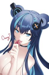 1girls animal_ears bear_ears bear_girl blue_eyes blue_hair breasts condom female female_only flavored_condom fujikura_uruka heart-shaped_pupils huge_breasts light-skinned_female light_skin luwudco opened_condom_wrapper phase_connect phase_origins seductive solo symbol-shaped_pupils virtual_youtuber