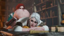 2girls ass ass_up ciri eating_ass female freckles green_eyes light-skinned_female mascara red_hair scar the_witcher_(series) the_witcher_3:_wild_hunt triss_merigold white_hair witcherres yuri