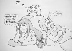 3girls ass_pillow big_ass bottom_heavy chubby fat female female_only huge_ass large_ass mina_ashido my_hero_academia ochako_uraraka pencil_(artwork) ronic_lagann sleeping tsuyu_asui