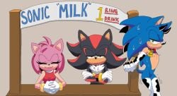 amy_rose arborialrodent booth cowprint elbow_gloves female femboy furry male sega shadow_the_hedgehog smile sonic_(series) sonic_the_hedgehog sweat table thighhighs