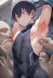 ai_generated armpits arms_up blue_eyes blue_lock boy dark_blue_hair isagi_yoichi licking licking_nipples male male_only nipple_licking nipples obliques pink_armpit pink_nipples purple_eyes skinny sweat young