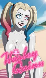 ai_generated bonnieaiart breasts dc dc_comics female female_only harley_quinn harley_quinn_(series) nai_diffusion nudist_beach outside solo stable_diffusion