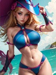 1girls 3:4 ai_generated ai_hands alternate_costume artist_request bare_midriff bare_shoulders black_magician_girl blonde_hair blue_eyes cleavage clouds dark_magical_girl dark_magician_girl daytime feet_out_of_frame female female_only hat highres large_breasts long_hair navel outdoors outside solo source_request standing swimsuit tagme two-piece_swimsuit vambraces water yu-gi-oh!