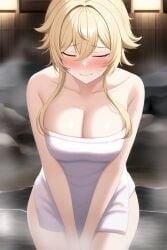 1girls ai_generated blonde_hair blush breasts closed_eyes genshin_impact hot_spring in_water large_breasts lumine_(genshin_impact) menikraart naked_towel onsen rocks short_hair towel towel_only water