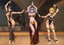 amenoosa belly_dancer belly_dancer_outfit big_breasts black_hair blonde_hair blue_hair blushing_at_viewer dancer_outfit dancing feathered_wings fiora_(xenoblade) harem harem_girl harem_outfit jabba's_palace long_legs lyn_me melia_antiqua multiple_girls nipples_visible_through_clothing oola_(cosplay) sharla_(xenoblade) slave_bikini slave_leia_(cosplay) slave_outfit smiling_at_viewer xenoblade_chronicles