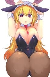 1girls blonde_hair breasts bunny_ears bunnysuit cleavage cool-kyou_shinja dragon_humanoid female horns kneeling large_breasts long_hair looking_at_viewer miss_kobayashi's_dragon_maid open_mouth solo thick_thighs tohru_(dragon_maid) white_background