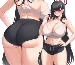 1girls ass big_ass black_hair blue_archive booty_shorts breasts dat_ass female front_and_back halo hi_res hime_cut hips huge_ass huge_breasts kuavera light-skinned_female light_skin long_hair millennium_science_school_student red_eyes rio_(blue_archive) seminar_(blue_archive) short_shorts shorts sports_bra sportswear thick_thighs thighs wide_hips