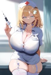 ai_generated ameanon big_breasts blonde_hair blue_eyes breasts cleavage garter_straps hololive hololive_english hololive_myth huge_breasts large_breasts looking_at_viewer nurse nurse_cap nurse_uniform partially_unbuttoned smile syringe thick_thighs thighhighs tight_clothing virtual_youtuber vtuber watson_amelia