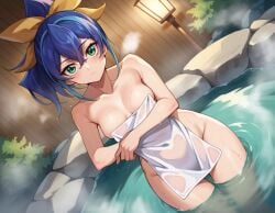 ai_generated blue_hair celina holding looking_at_viewer medium_breasts nude_cover outdoors ponytail ribbon serena_(yu-gi-oh!_arc-v) serious serkai towel towel_only yu-gi-oh! yu-gi-oh!_arc-v