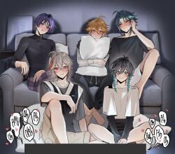 5boys aether_(genshin_impact) blushing genshin_impact kaedehara_kazuha only_male pnk_crow scaramouche_(genshin_impact) venti_(genshin_impact) watching_porn watching_tv xiao_(genshin_impact)