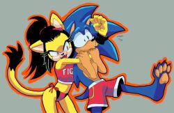 1boy 1boy1girl 1girls 2024 arborialrodent bikini_bottom black_hair blue_fur brown_eyes cat_ears cat_tail catgirl choke_hold choking crop_top feline female furry gray_background green_eyes grey_hair headlock hedgehog honey_the_cat male outline sega shorts sonic_(series) sonic_the_fighters sonic_the_hedgehog training twintails wrestling wristband yellow_fur