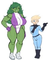 1boy 1girls abs_visible_through_clothing big_breasts blonde_hair blue_eyes busty concept_art fantastic_four female femboy giant_breasts green-skinned_female green_eyes green_hair green_skin highleg_leotard huge_breasts hulk_(series) human_torch imminent_sex johnny_storm leotard long_hair male marvel marvel_comics muscles muscular muscular_female nipple_bulge oni_draws she-hulk thick_thighs white_background wink winking