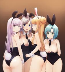 ass bbb3y1 big_breasts bunny_ears bunnysuit d4dj fukushima_noa hanamaki_towa izumo_saki long_hair niijima_ibuki photon_maiden short_hair thick_thighs yuri