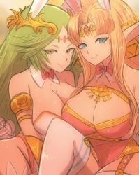 2girls a_link_between_worlds blonde_hair blue_eyes bow_tie breasts bunny_ears bunny_tail circlet detached_collar earrings fake_animal_ears fake_tail goddess green_eyes green_hair kid_icarus kid_icarus_uprising large_breasts leotard long_hair looking_at_viewer milf nintendo omiza_somi palutena pink_leotard playboy_bunny princess_zelda the_legend_of_zelda thighhighs triforce triforce_earrings white_leotard zelda_(a_link_between_worlds)