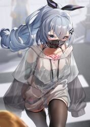 ball_gag bondage bondage_outfit bound bound_arms breasts chest_tattoo corset female gag gagged ginklaga grey_eyes grey_hair grey_shirt hair_ornament hair_ribbon hairclip honkai:_star_rail honkai_(series) long_hair looking_at_viewer mask medium_breasts mouth_mask ponytail pussy_juice ribbon saliva_drip shirt silver_wolf_(honkai:_star_rail) solo_focus stealth_bondage tattoo thighhighs vibrator_in_thigh_strap wiffle_gag x-ray