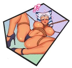 !? 2021 ahsoka_tano biting_lip biting_own_lip blue_eyes blue_panties blush breasts cameltoe clone_wars female female_focus female_only heart hearts_around_head high_heels jakuson_z legs_apart legs_spread lucasfilm nipple_play nipple_pull nipples orange_body orange_skin panties red_lips red_lipstick rope rope_bondage star_wars thick_thighs thighs tied_up white_background