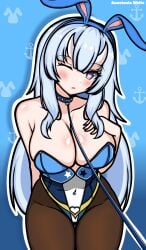 1girls 2d 2d_(artwork) alternate_costume anastasia_white arm_behind_back big_breasts blue_bunny_ears blue_bunnysuit blue_hair blush bunny_ears bunnysuit cleavage female female_focus female_only front_view heart-shaped_pupils high_resolution highres horns huge_breasts indie_virtual_youtuber latam_virtual_youtuber light-skinned_female light_skin long_hair looking_at_viewer one_eye_closed purple_eyes simple_background slim_girl solo solo_female solo_focus standing tight_clothing virtual_youtuber vtuber vtuberfanart yeizer young younger_female