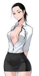 ai_generated anonymous_character character_design dark_hair_female doctor female_only hi_res skirt slender_body unbuttoned_shirt