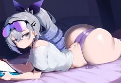 1girls ai_generated ameanon ass big_ass bottom_heavy drill_hair expressionless gaming honkai:_star_rail huge_ass large_ass looking_at_viewer mihoyo nintendo_switch off_shoulder on_bed on_stomach playing_videogame ponytail side-tie_panties silver_wolf_(honkai:_star_rail) t-shirt thick_thighs