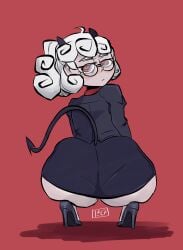 1girls ass ass_focus big_ass bottom_heavy bubble_butt crouching dat_ass demon demon_girl fat_ass female female_only glasses heels helltaker horns huge_ass large_ass leekcheek looking_at_viewer looking_back office_lady pandemonica_(helltaker) png red_eyes shoes solo squatting tail thick_ass thick_thighs white_hair wide_hips